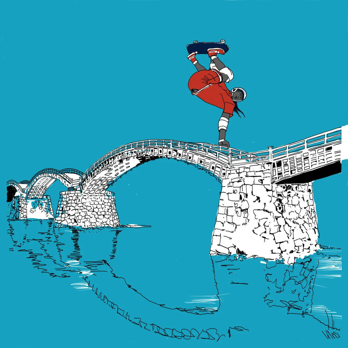 A skater jumps over a stone arch bridge