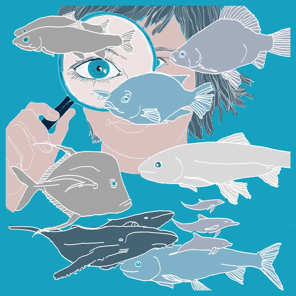 An eye looks through a magnifying glass, surrounded by fish