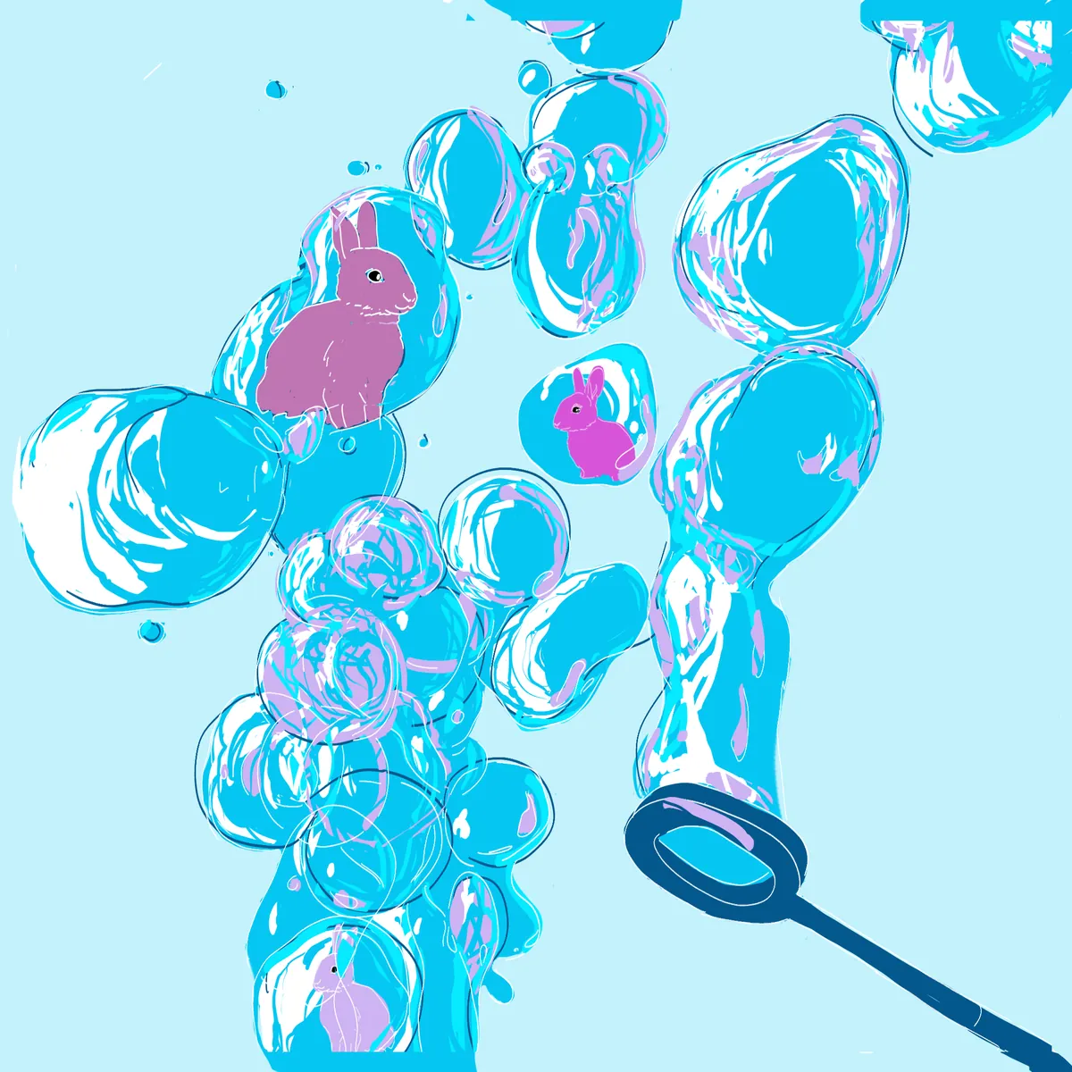 Soap bubbles rise from a bubble wand, little rabbits sitting inside two of them