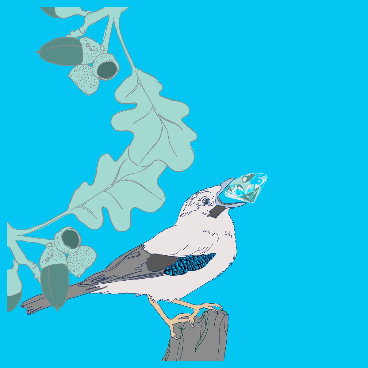 A jay holds a diamond in its beak