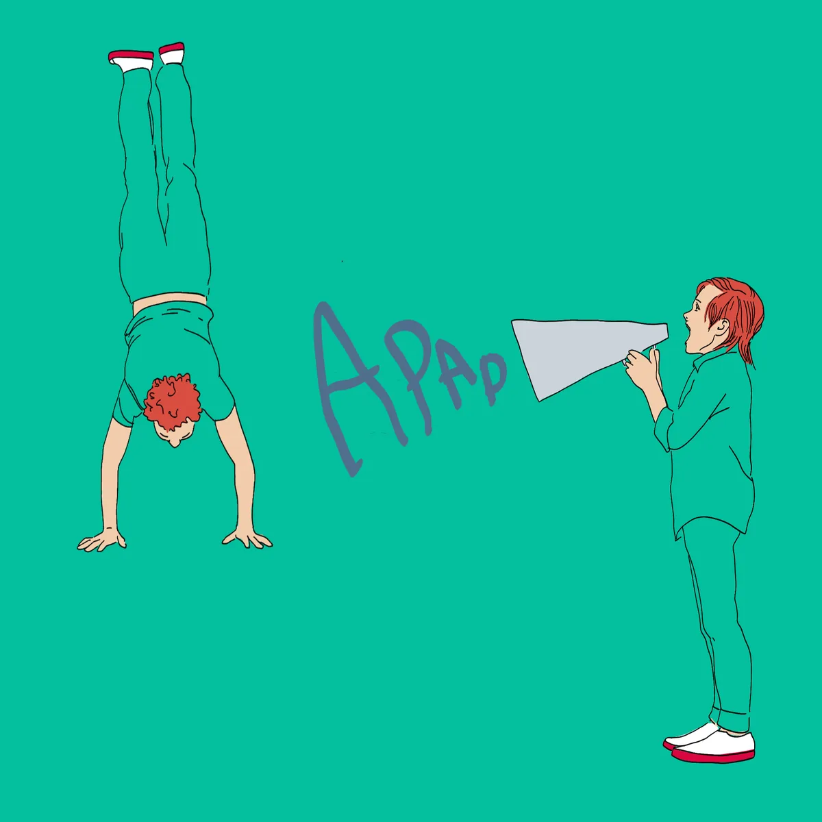One person does a handstand, another shouts through a megaphone