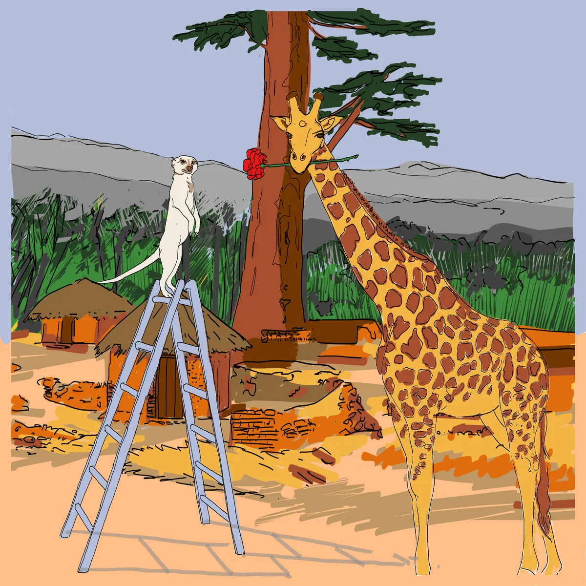 A meerkat stands on a ladder at eye level with a giraffe