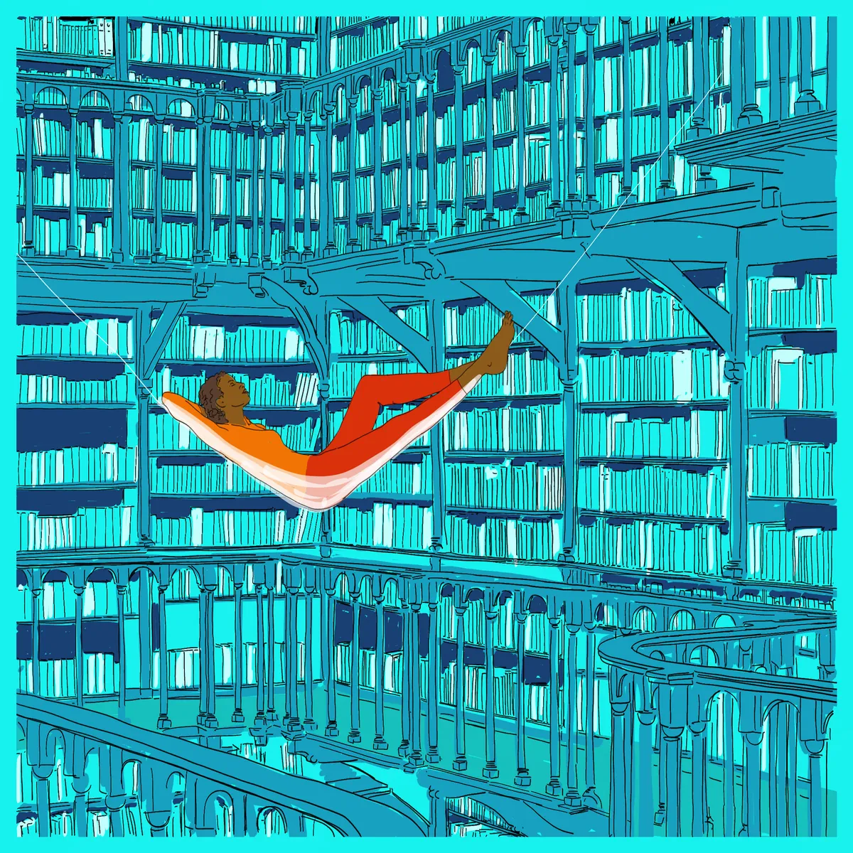 A person lies in a hammock in the middle of a tall library