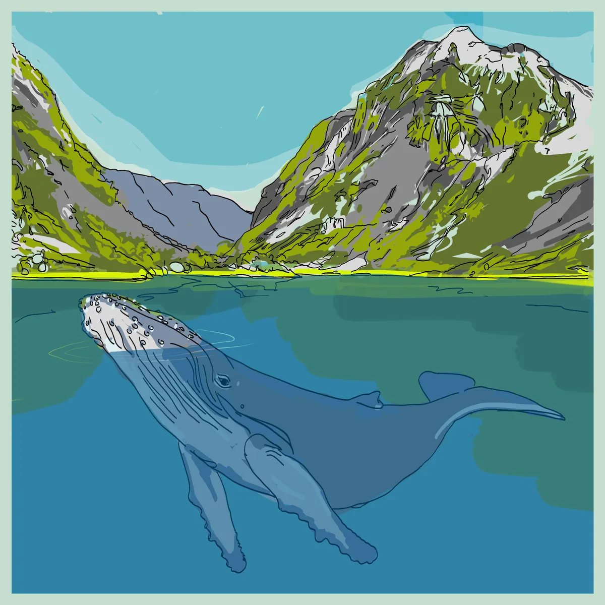 A humpback whale dives beneath the water's surface in front of a mountain backdrop