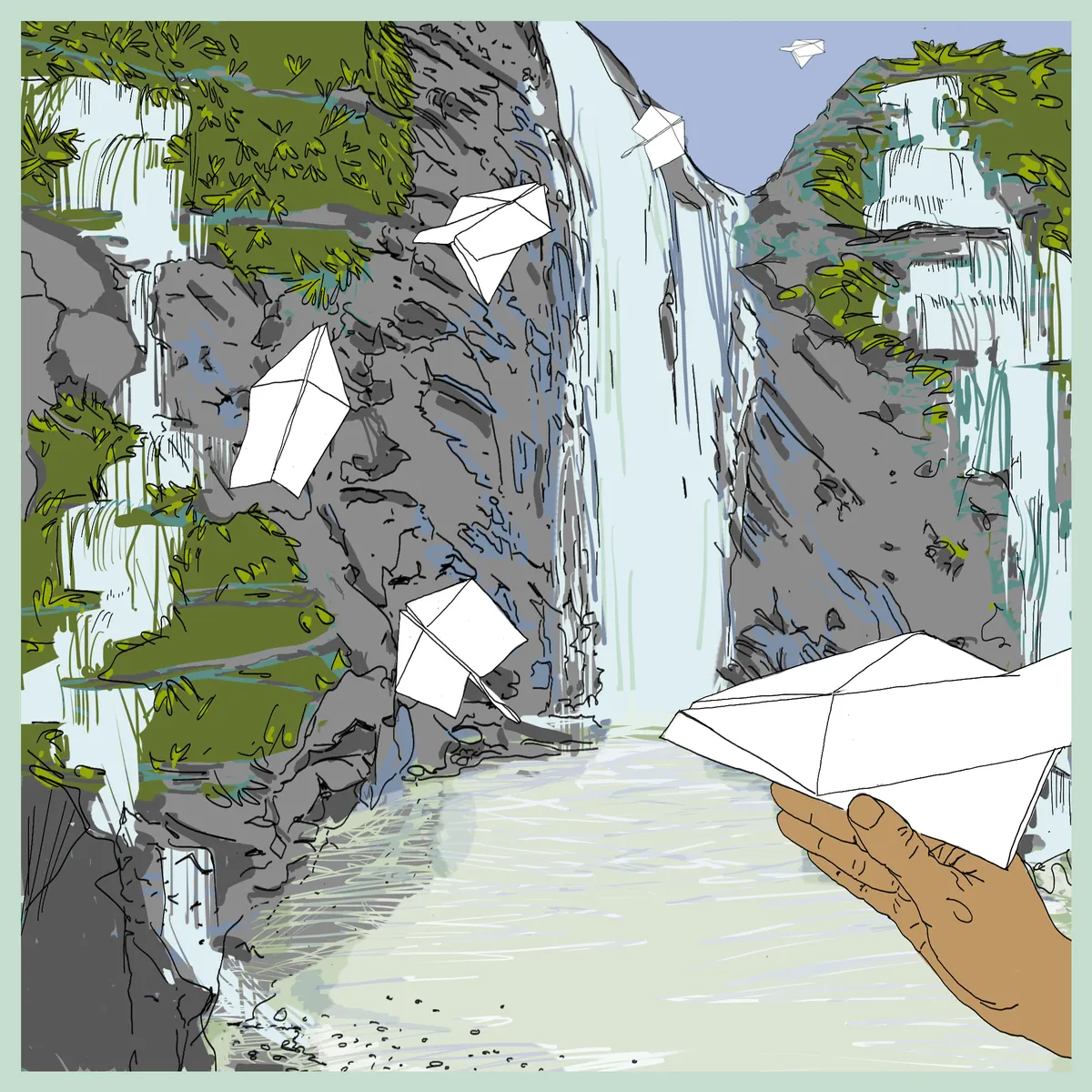 A hand sends paper planes flying in front of a waterfall